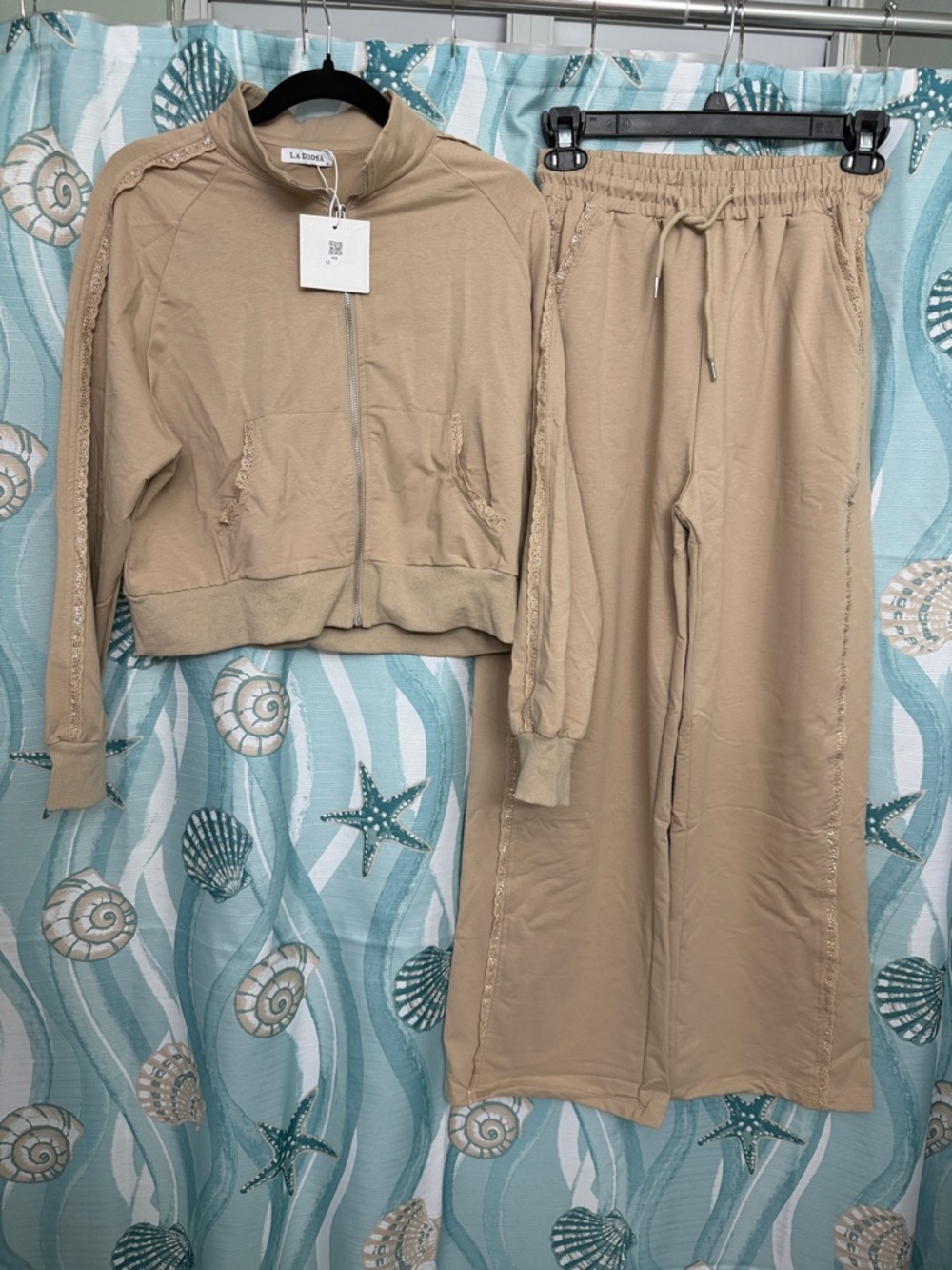 La Dotta Beige Zip-Up Track Jacket & Drawstring Pants Set
